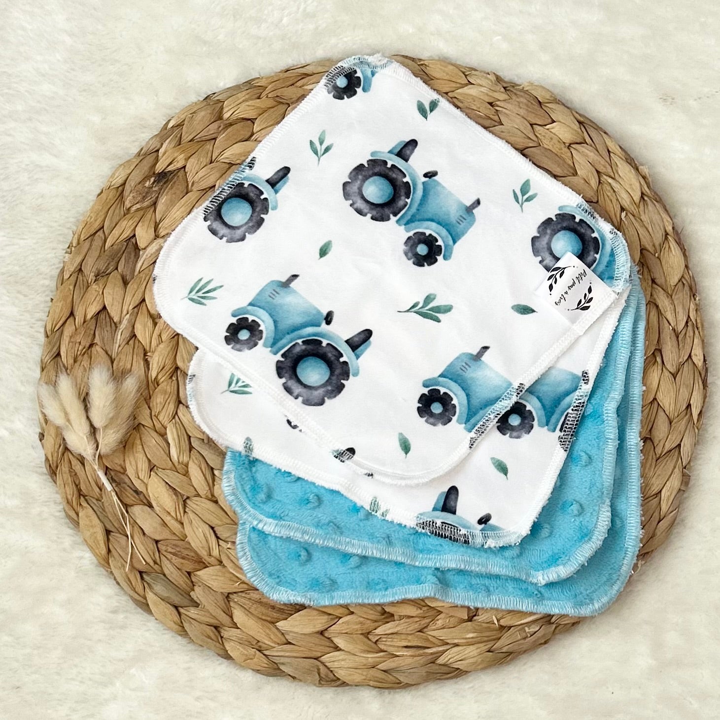 Débarbouillettes réversibles - Tracteur bleu / Aqua