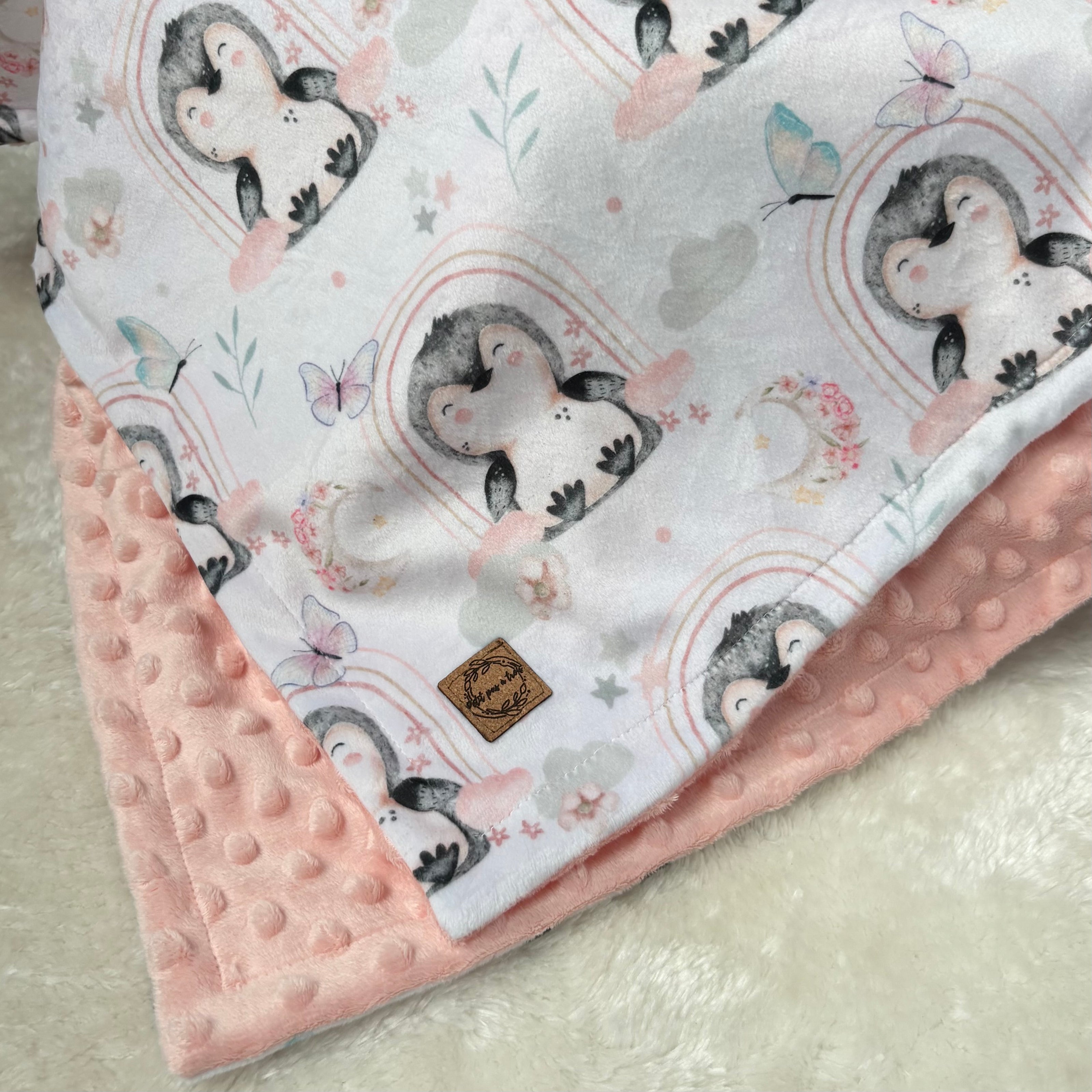 Couverture en minky - Pingouins et arc-en-ciel