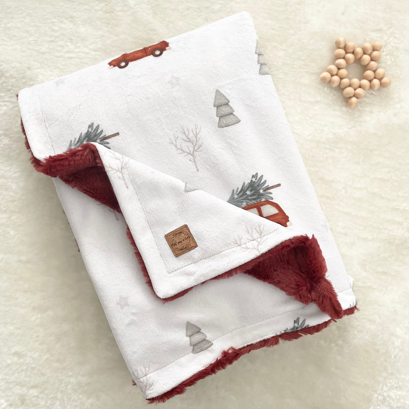 Couverture minky / fourrure - Auto rouge des fêtes