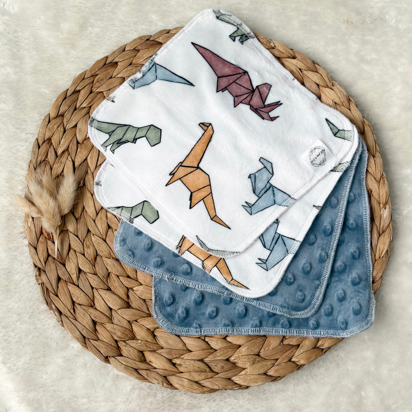 Débarbouillettes réversibles - Dinos géo / denim