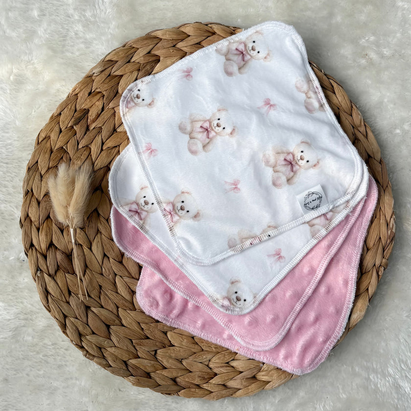 Débarbouilettes réversibles - Ours et boucle rose