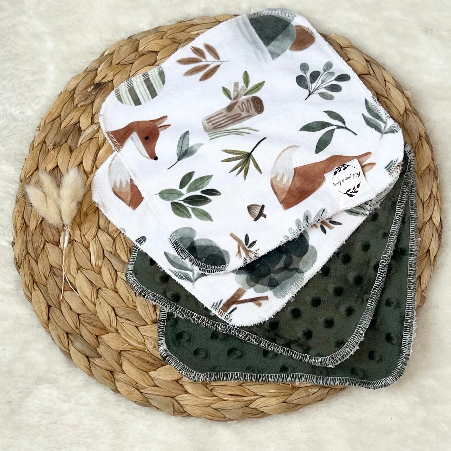 Débarbouillettes réversibles - Renard feuillage / Vert forêt