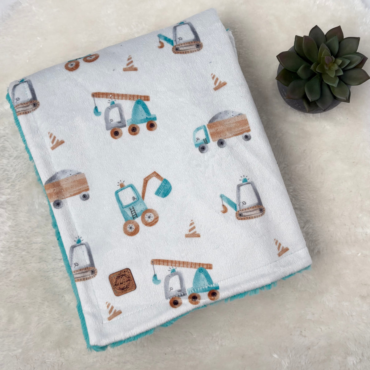 Couverture minky/fourrure - Camions turquoises