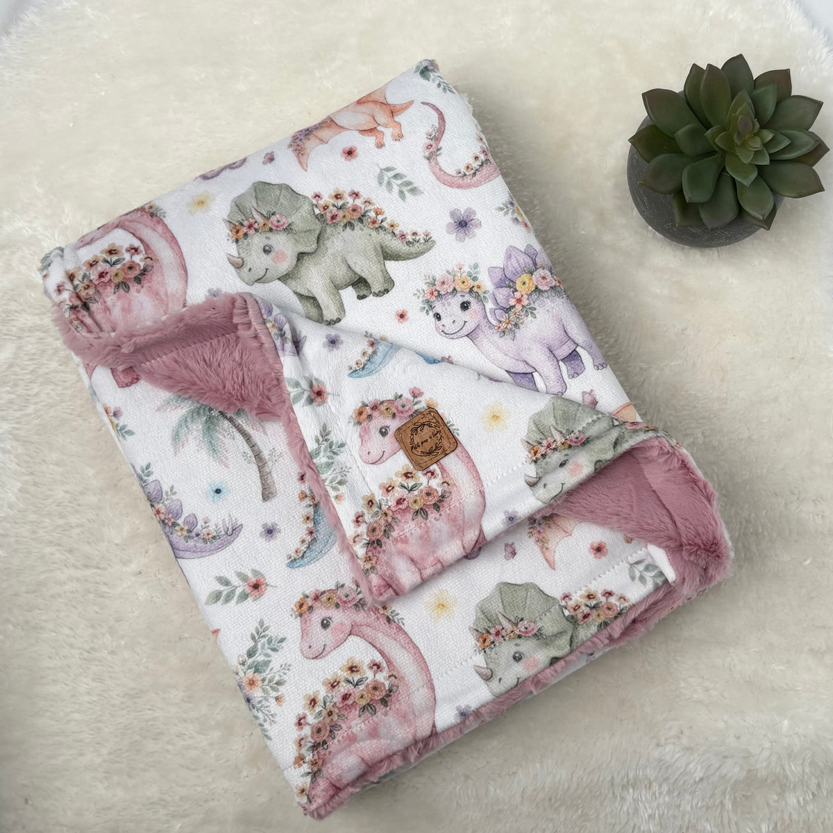 Couverture minky/fourrure - Dinos fleuris