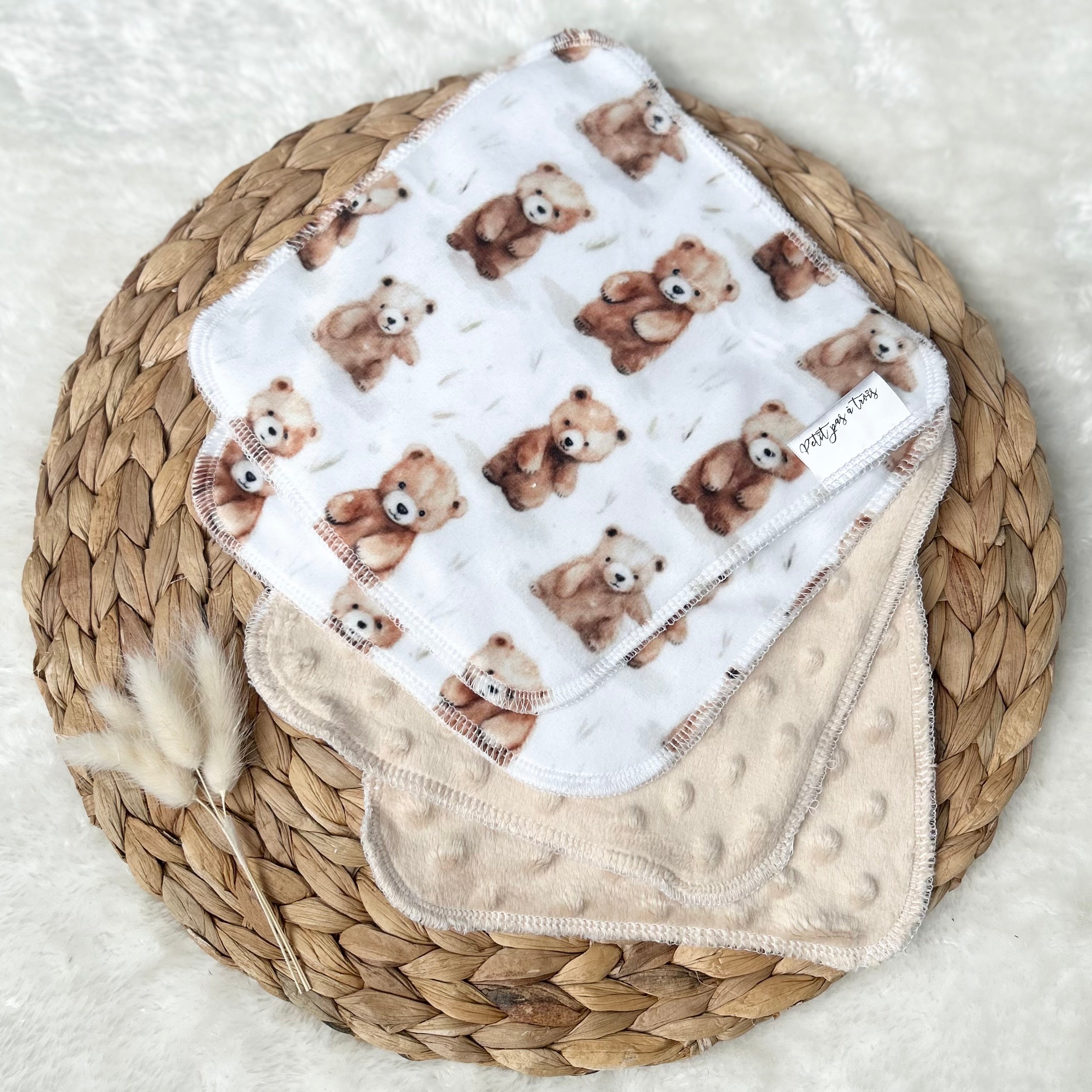 Débarbouillettes réversibles - Ourson mignon / Latté