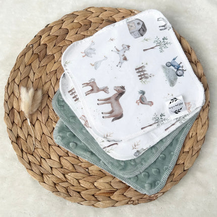 Débarbouillettes réversibles - Petite fermette / Sauge pâle