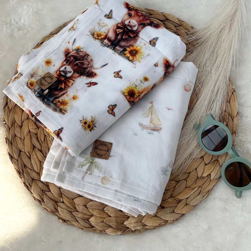 Mousseline de bambou - Vache highland et tournesol