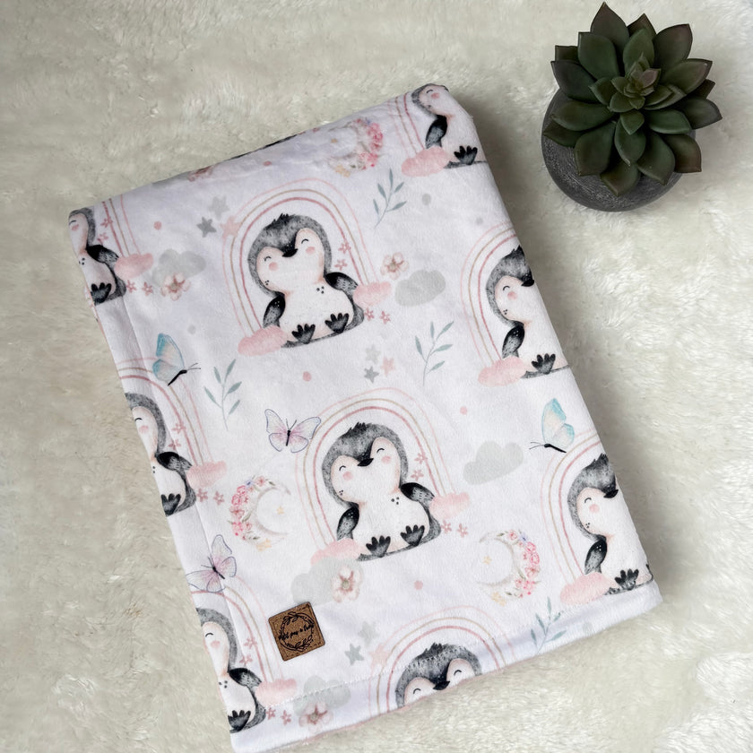 Couverture en minky - Pingouins et arc-en-ciel