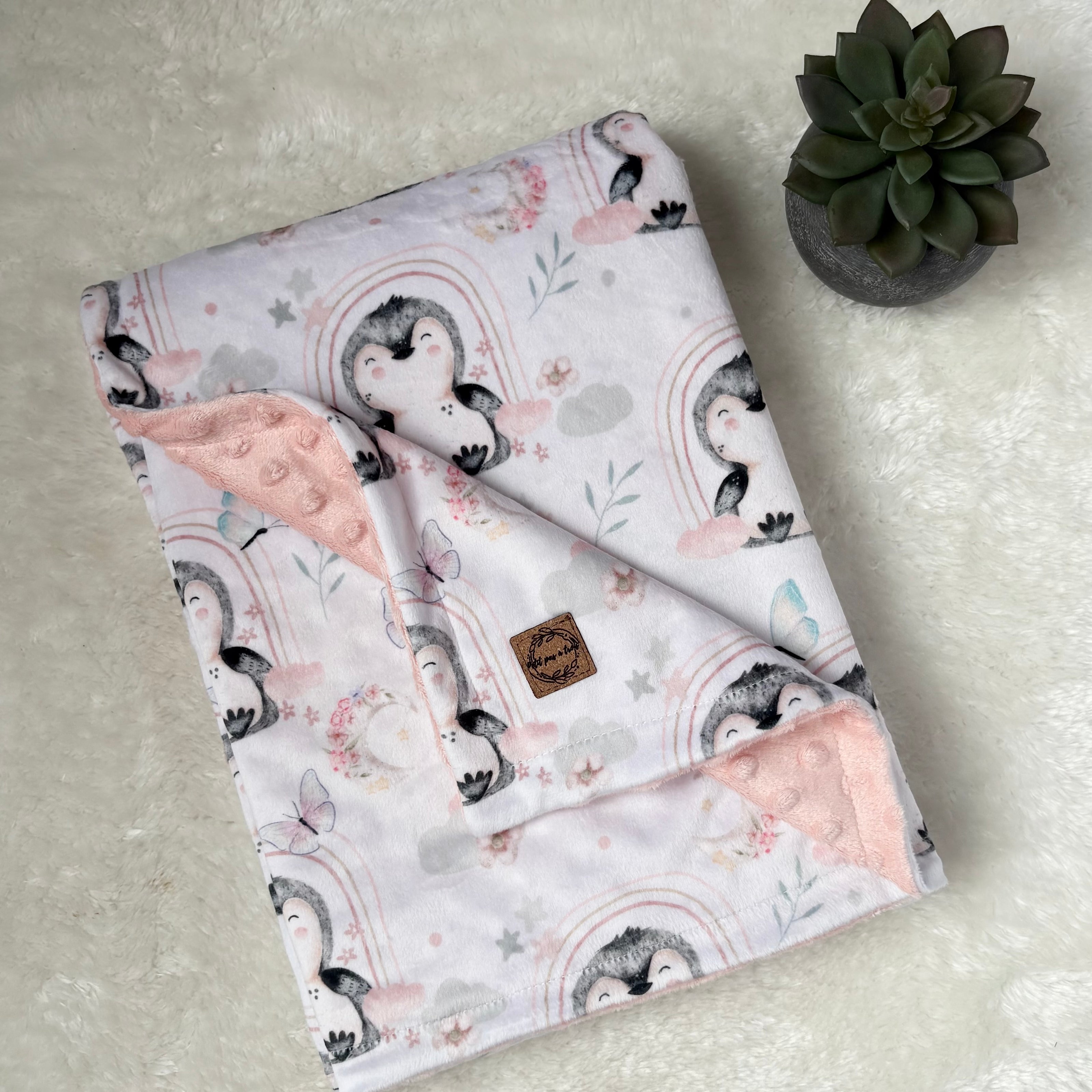 Couverture en minky - Pingouins et arc-en-ciel