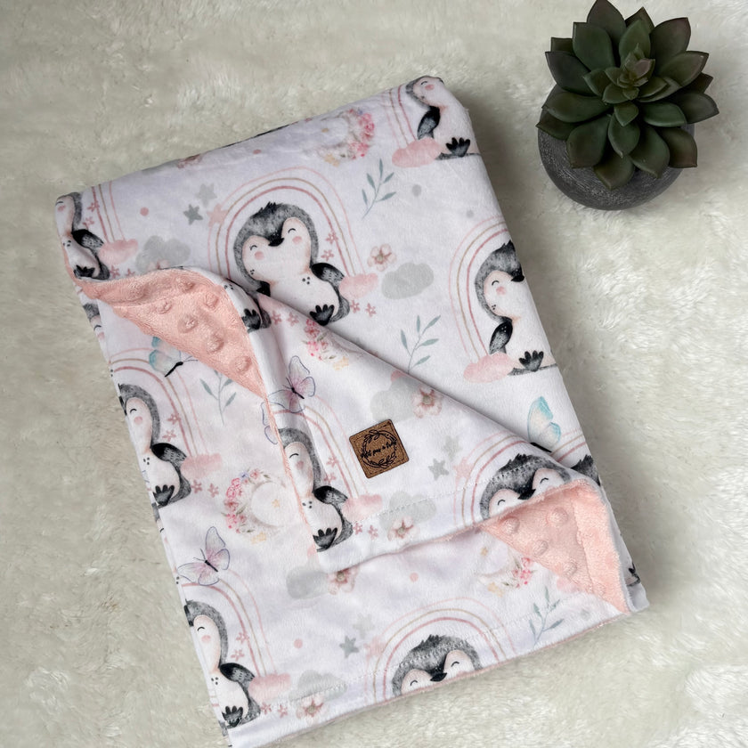 Couverture en minky - Pingouins et arc-en-ciel