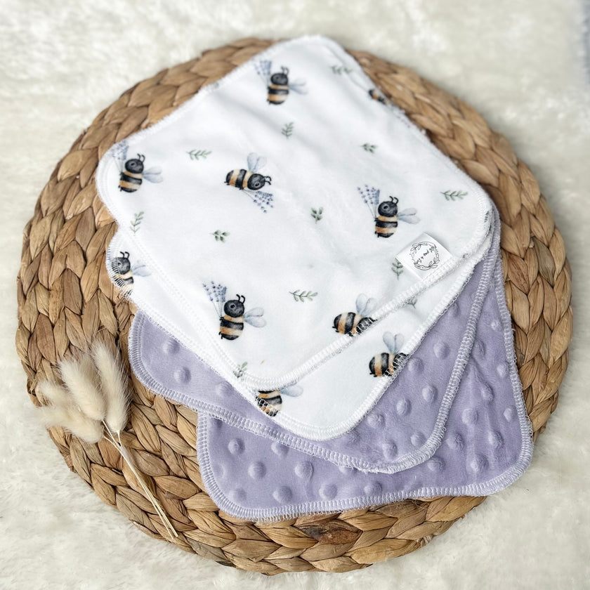 Débarbouillettes réversibles - Petites abeilles / Lilas