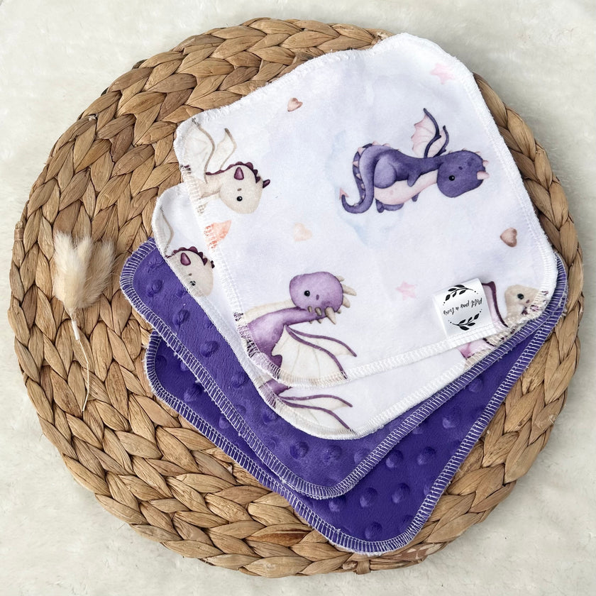 Débarbouillettes réversibles - Dragons mauves / Mauve