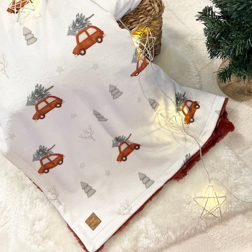 Couverture minky / fourrure - Auto rouge des fêtes